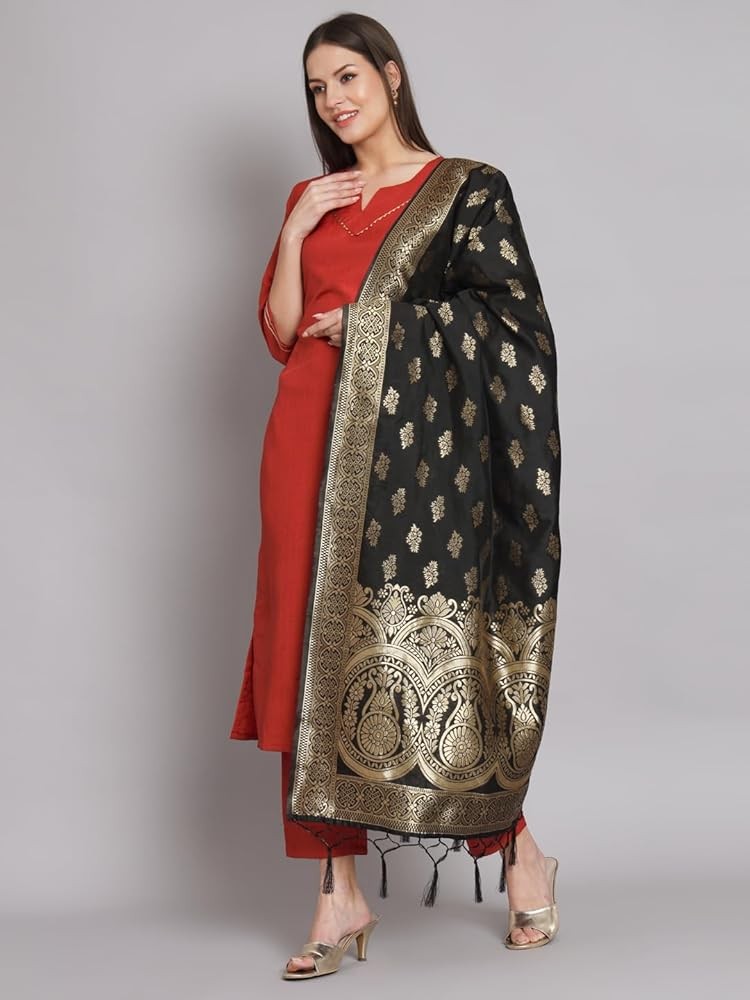 VredeVogel Women's Cotton Silk Blend Straight Kurta with Trouser Pant & Banarasi Silk Dupatta